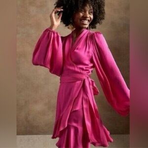 Banana Republic Peony Pink Satin Ruffle Wrap Dress
